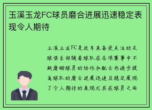 玉溪玉龙FC球员磨合进展迅速稳定表现令人期待